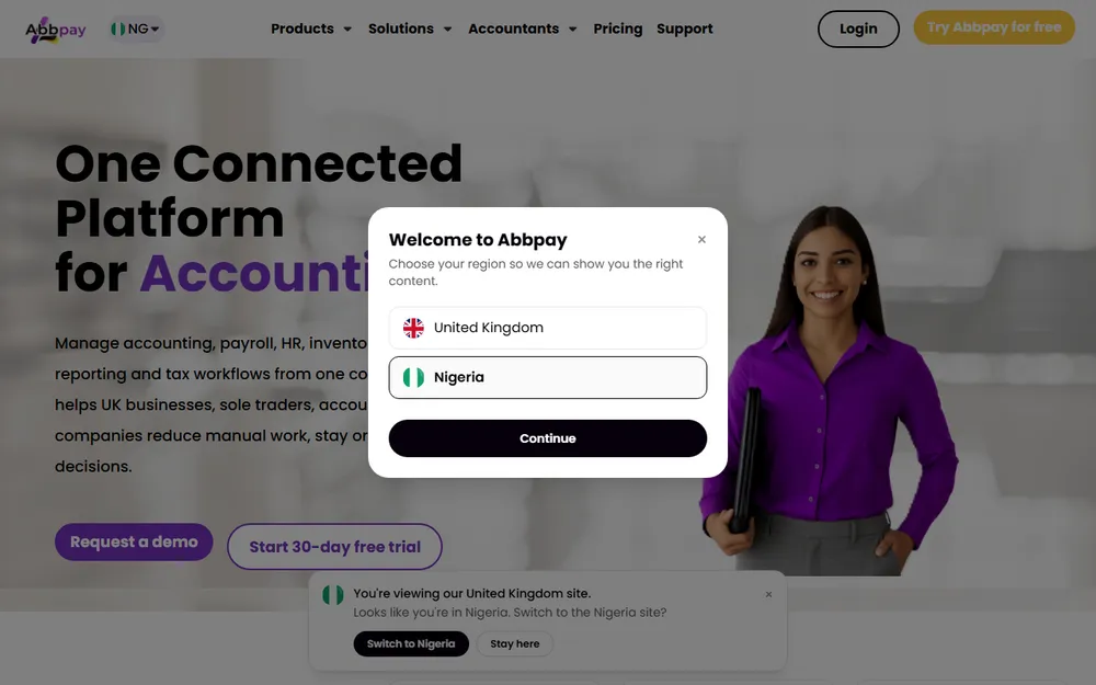 The Abbpay Solutions UK website, one connected platform for accounting.