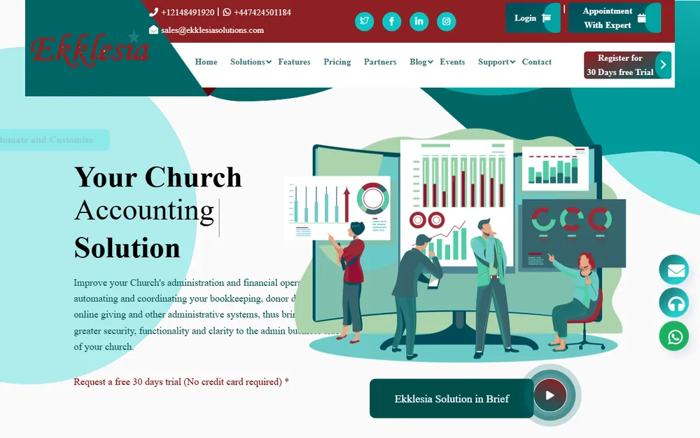 The Ekklesia Solutions website, showing its church accounting product.